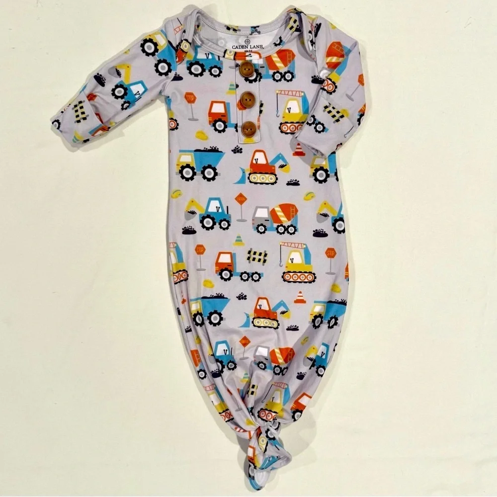 Caden Lane Baby Knot Gown Boys 0-3M Construction Trucks Layette Knotted Sleeper